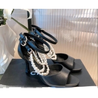 Luxury Cheap Chanel Lambskin Pearl Sandals 9cm 081640 Black 2021