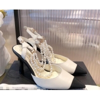 Popular Style Chanel Lambskin Heeled Pearl Slingback Pumps 9cm G37532 White 2021