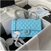 Reasonable Price chanel classic handbag Lambskin & gold Metal A01112 light blue