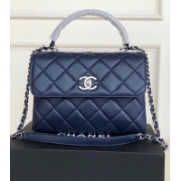 Cheapest Chanel original lambskin top handle flap bag AS92236 royal blue&silver-Tone Metal