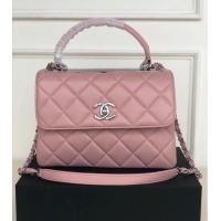 Grade Chanel original lambskin top handle flap bag AS92236 pink&silver-Tone Metal