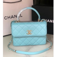 Well Crafted Chanel original lambskin top handle flap bag AS92236 sky blue&Gold-Tone Metal