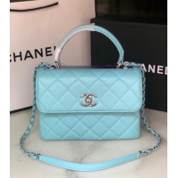 Cheapest Chanel original lambskin top handle flap bag AS92236 sky blue&silver-Tone Metal