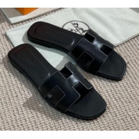 Best Design Hermes Oran Shiny Leather H Slide Sandals 061175 Black 2021