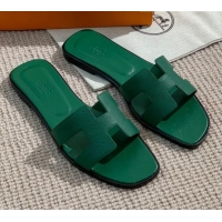 Low Price Hermes Oran Shiny Leather H Slide Sandals 061175 Green 2021