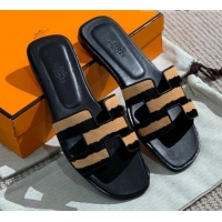 Perfect Hermes Oran Shiny Leather H Slide Sandals 061175 Black/Beige 2021