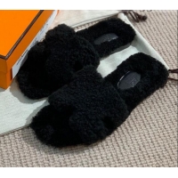 Grade Design Hermes Oran Wool H Slide Sandals 061179 Black 2021