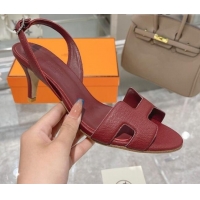 Best Quality Hermes Leather Heeled Sandals 7cm 061184 Burgundy