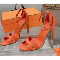 Discount Hermes Premiere Grained Leather Heel 10.5cm Sandals 070211 Orange