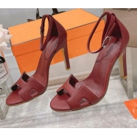 Perfect Hermes Premiere Grained Leather Heel 10.5cm Sandals 070211 Burgundy