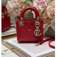 Classic Grade MICRO DIORAMOUR LADY DIOR BAG Bright Red Cannage Lambskin with Heart Motif S0856ON