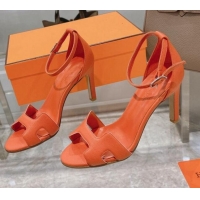 Grade Hermes Premiere Grained Leather Heel 9cm Sandals 070223 Orange