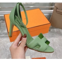 Luxury Discount Hermes Premiere Grained Leather Heel 9cm Sandals 070224 Green