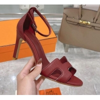 Top Design Hermes Premiere Grained Leather Heel 9cm Sandals 070224 Burgundy