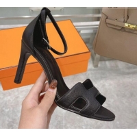 Popular Style Hermes Premiere Grained Leather Heel 9cm Sandals 070224 Black