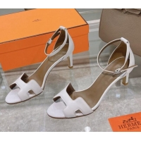 Stylish Hermes Premiere Grained Leather Heel 9cm Sandals 070234 White