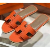 Luxury Hermes Santorini Epsom Calfskin Cut-out Classic H Flat Slide Sandals 070501 Orange