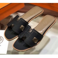 Perfect Hermes Santorini Epsom Calfskin Cut-out Classic H Flat Slide Sandals 070501 Black