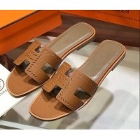 Unique Style Hermes Santorini Epsom Calfskin Cut-out Classic H Flat Slide Sandals 070503 Brown