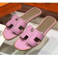 Charming Hermes Santorini Epsom Calfskin Cut-out Classic H Flat Slide Sandals 070503 Pink