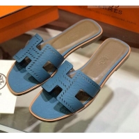 Sophisticated Hermes Santorini Epsom Calfskin Cut-out Classic H Flat Slide Sandals 070503 Blue