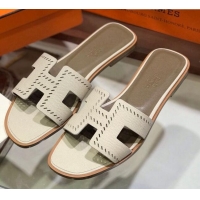 Hot Style Hermes Santorini Epsom Calfskin Cut-out Classic H Flat Slide Sandals 070503 White