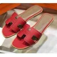 Discount Hermes Santorini Epsom Calfskin Cut-out Classic H Flat Slide Sandals 070508 Red