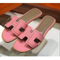 Good Product Hermes Santorini Epsom Calfskin Cut-out Classic H Flat Slide Sandals 070508 Pink