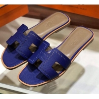 Unique Hermes Santorini Epsom Calfskin Cut-out Classic H Flat Slide Sandals 070508 Blue