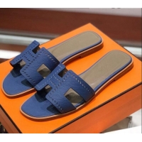 Classic Hot Hermes Santorini Epsom Calfskin Cut-out Classic H Flat Slide Sandals 070514 Blue