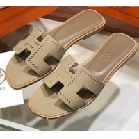 Popular Style Hermes Santorini Epsom Calfskin Cut-out Classic H Flat Slide Sandals 070514 Grey