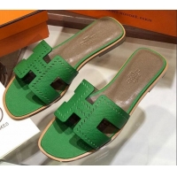 Grade Quality Hermes Santorini Epsom Calfskin Cut-out Classic H Flat Slide Sandals 070514 Green