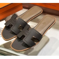 Pretty Style Hermes Santorini Epsom Calfskin Cut-out Classic H Flat Slide Sandals 070514 Dark Grey