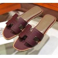 Good Looking Hermes Santorini Epsom Calfskin Cut-out Classic H Flat Slide Sandals 070514 Burgundy