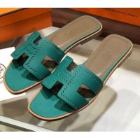 Durable Hermes Santorini Epsom Calfskin Cut-out Classic H Flat Slide Sandals 070514 Green