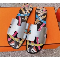 New Design Hermes Oran Swift Calfskin Print Insole Classic H Flat Slide Sandals 070534 Silver