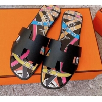 Top Quality Hermes Oran Swift Calfskin Print Insole Classic H Flat Slide Sandals 070540 Black 2021