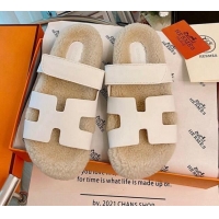 Top Quality Hermes Chypre Wool and Suede Flat Sandals 070803 White 2021