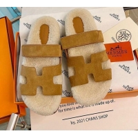 Duplicate Hermes Chypre Wool and Suede Flat Sandals 070803 Brown 2021