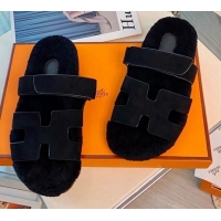 Good Product Hermes Chypre Wool and Nappa Leather Flat Sandals 070806 Black 2021