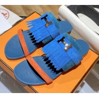 Cute Hermes Coralia Suede Fringe Flat Sandals 070948 Blue