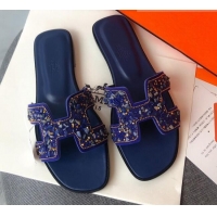 Discount Hermes Oran Crystal Suede Slide Sandal 070950 Blue