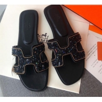 Charming Hermes Oran Crystal Suede Slide Sandal 070950 Black