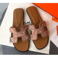 Perfect Hermes Oran Crystal Suede Slide Sandal 070950 Apricot