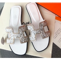 Top Quality Hermes Oran Crystal Suede Slide Sandal 070950 White