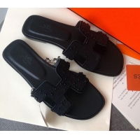 Discount Hermes Oran Crystal Suede Slide Sandal 070955 Black 2021