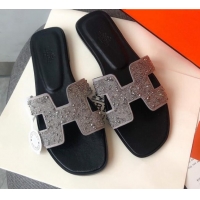 Custom Hermes Oran Crystal Suede Slide Sandal 070955 Silver 2021