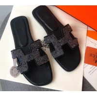 Perfect Hermes Oran Crystal Suede Slide Sandal 070955 Blue 2021