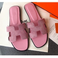 Top Quality Hermes Oran Crystal Suede Slide Sandal 070955 Pink 2021