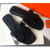 Discount Hermes Oran Crystal Suede Slide Sandal 070955 Black 2021